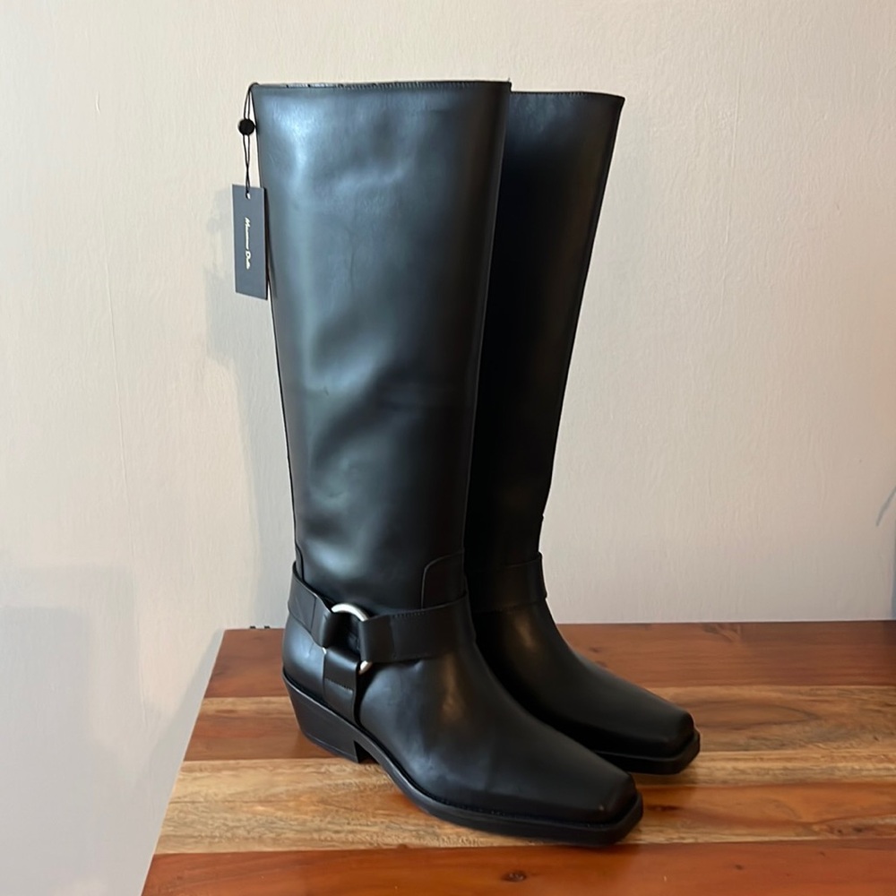 Massimo Dutti Black Combat Moto Boots with Polished Leather